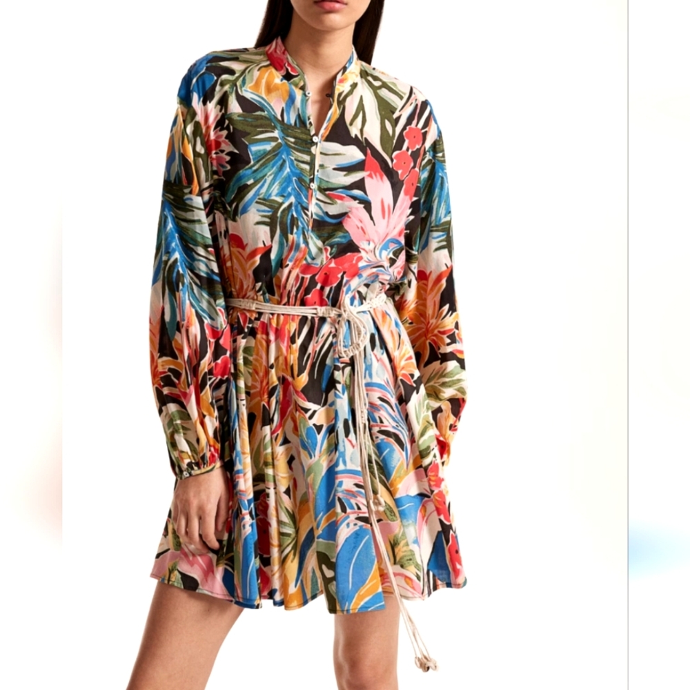 H&M Tropical Print Mini Dress with Macrame Belt, Size M